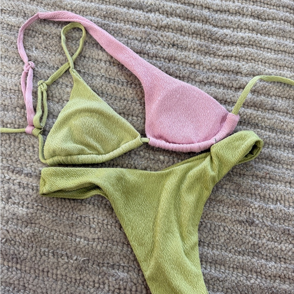 Two-Tone Pink & Olive Green Textured Bikini Set